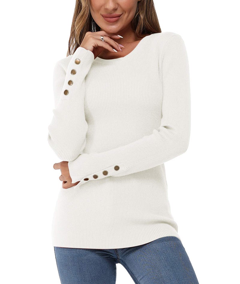 Newshows Women's Fall Winter Fashion Sweater Long Sleeve Crew Neck Button Stretch Casual Fitted Formal Tops Clothes Trendy Old Money Work Business Teacher Outfits Lightweight Clothing 2025 (White,L) - Image 1